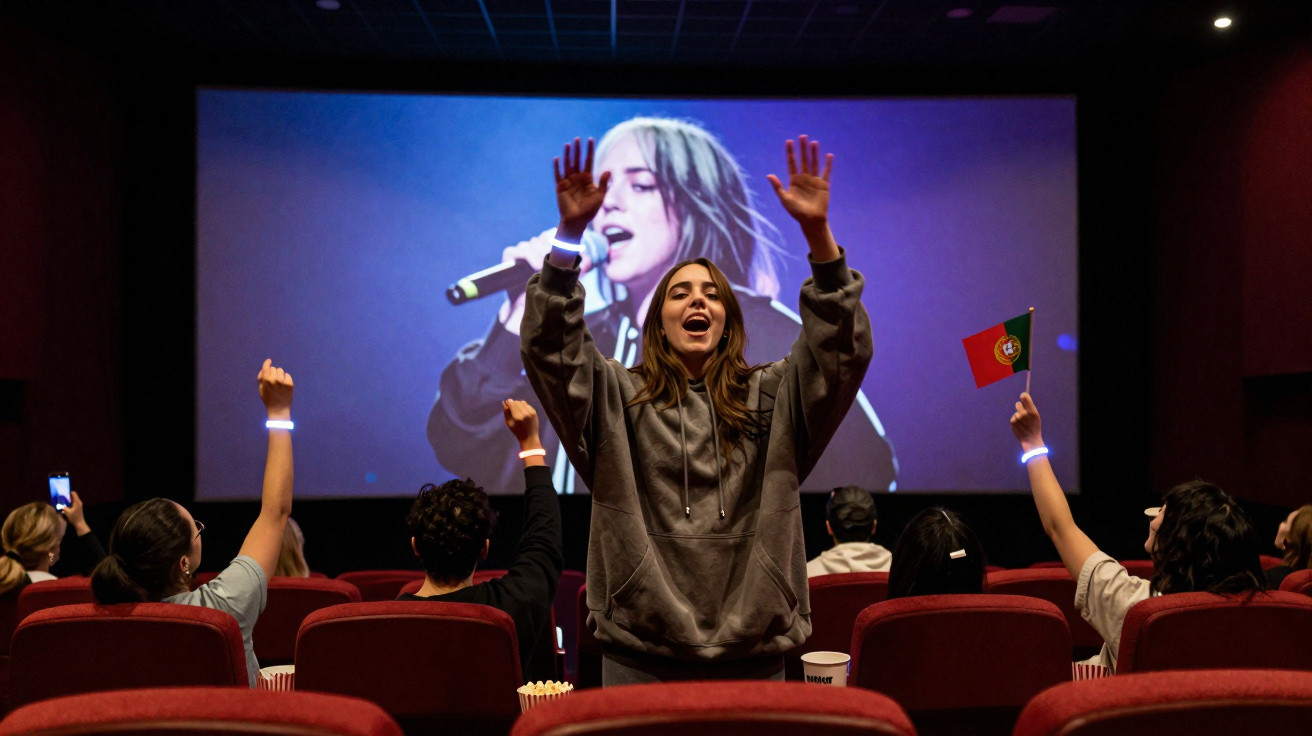 Pessoas emocionalmente envolvidas assistem e celebram concerto de cantora numa sala de cinema.