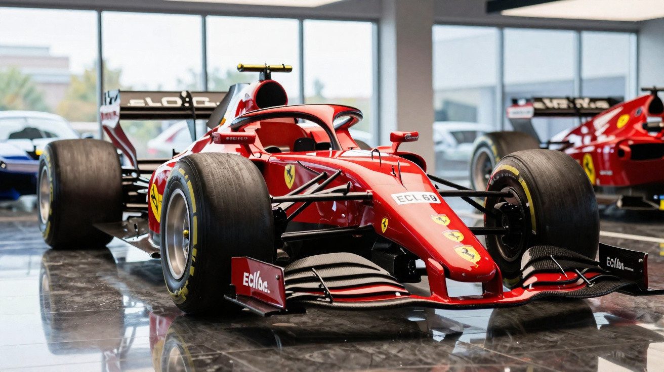 Carro de Fórmula 1 vermelho da Ferrari estacionado num interior com chão refletor.