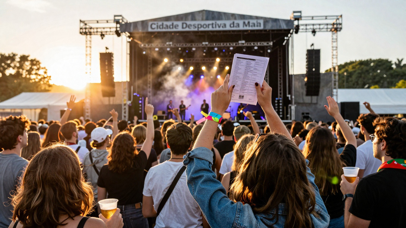 Pessoas numa plateia assistem a um concerto ao ar livre ao pôr do sol, em palco com luzes coloridas.