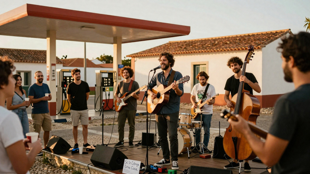 Banda a tocar guitarra, contrabaixo e bateria numa performance ao ar livre numa estação de serviço com público atento.