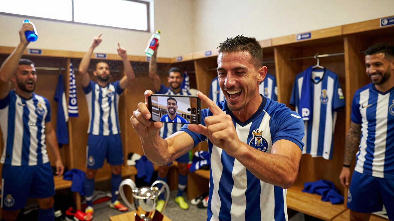 Jogadores do FC Porto no balneário celebram vitória com selfie e troféu em destaque.