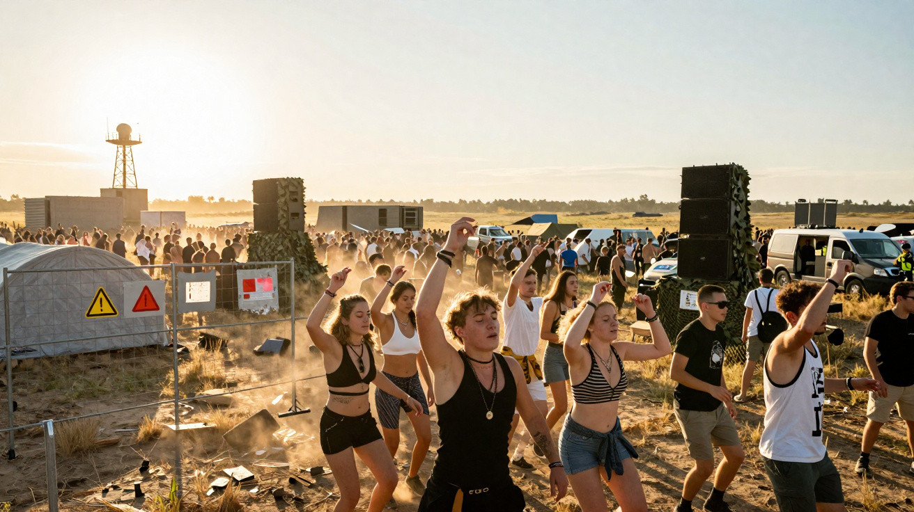 Jovens a dançar ao ar livre num festival de música ao pôr do sol numa área rural com multidão ao fundo.