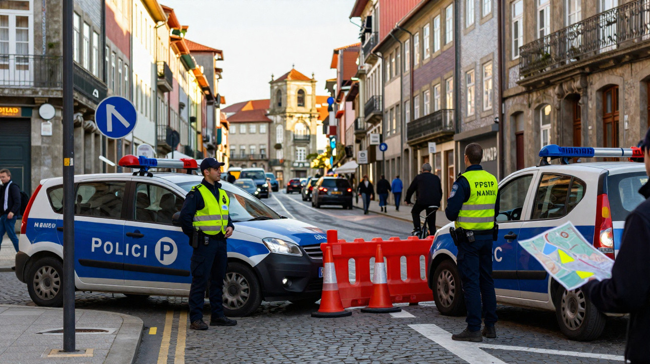 Polícia bloqueia rua antiga de calçada com barreira e cones em cidade com edifícios históricos.