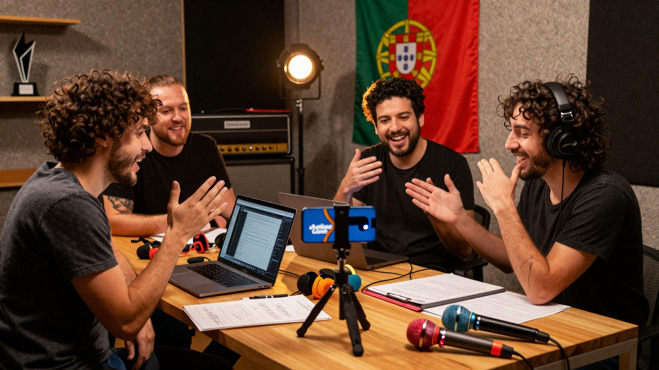 Quatro homens a gravar um podcast num estúdio com microfones e bandeira de Portugal na parede.