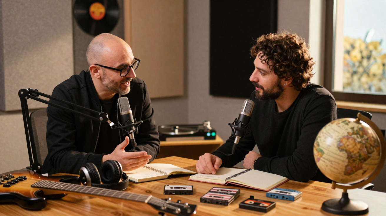 Dois homens conversam em estúdio com microfones, guitarra, cassetes e um globo terrestre numa mesa de madeira.