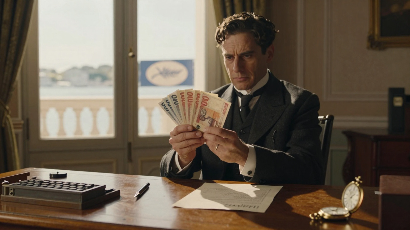 Homem vestido formalmente sentado à mesa a contar notas de euro em escritório elegante.