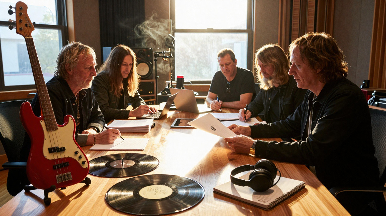 Cinco homens sentados à mesa de estúdio a analisar documentos e discos de vinil.