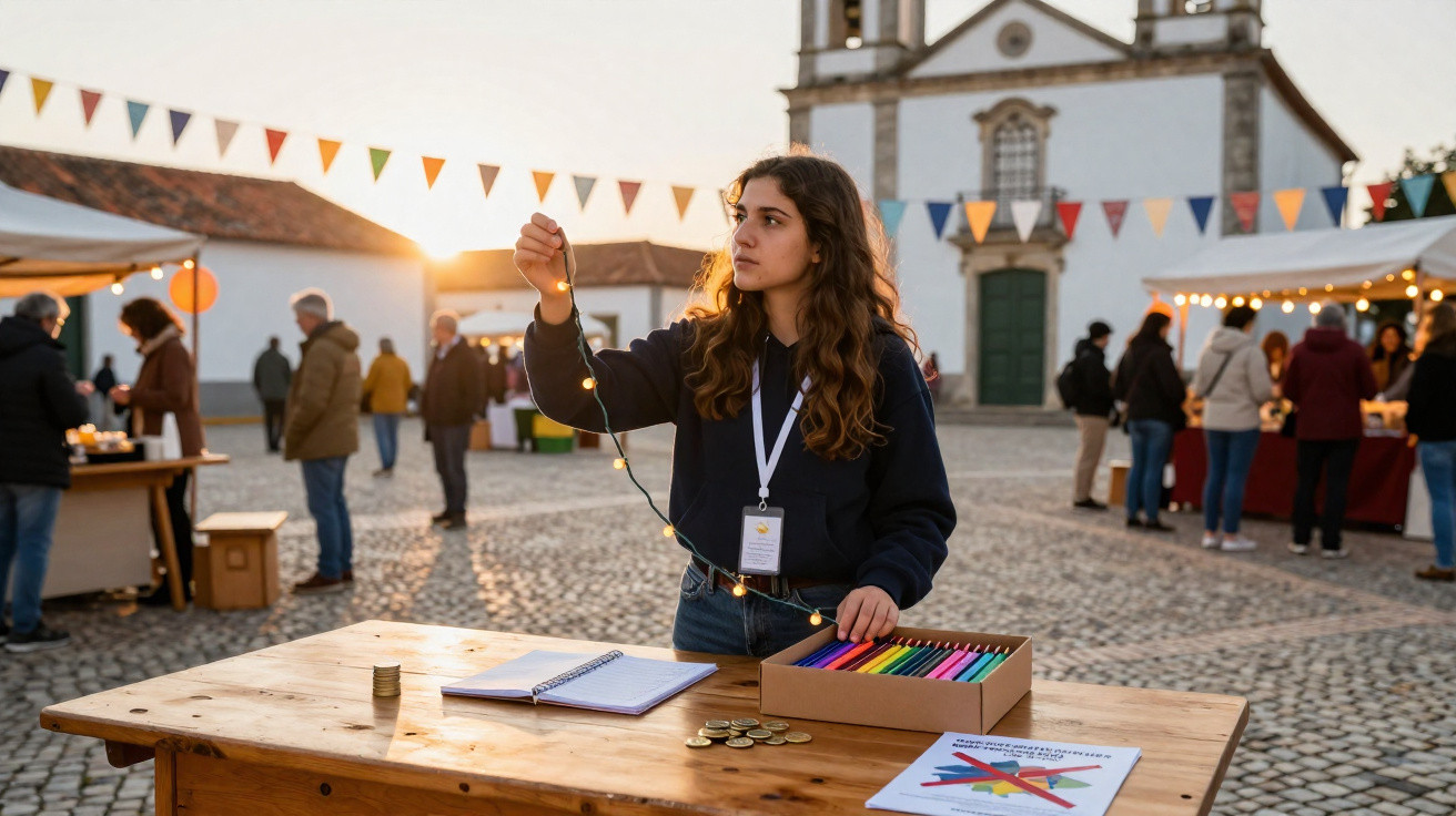 Rapaz a segurar luzes numa mesa de madeira num mercado ao ar livre com pessoas e tendas ao fundo.