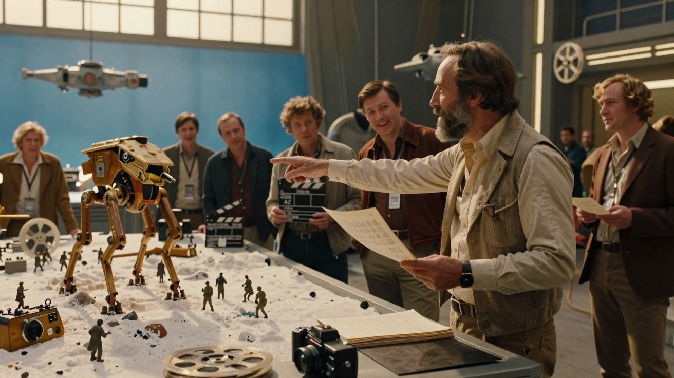 Homem orienta equipa de filme durante gravação com miniaturas e robot num estúdio.