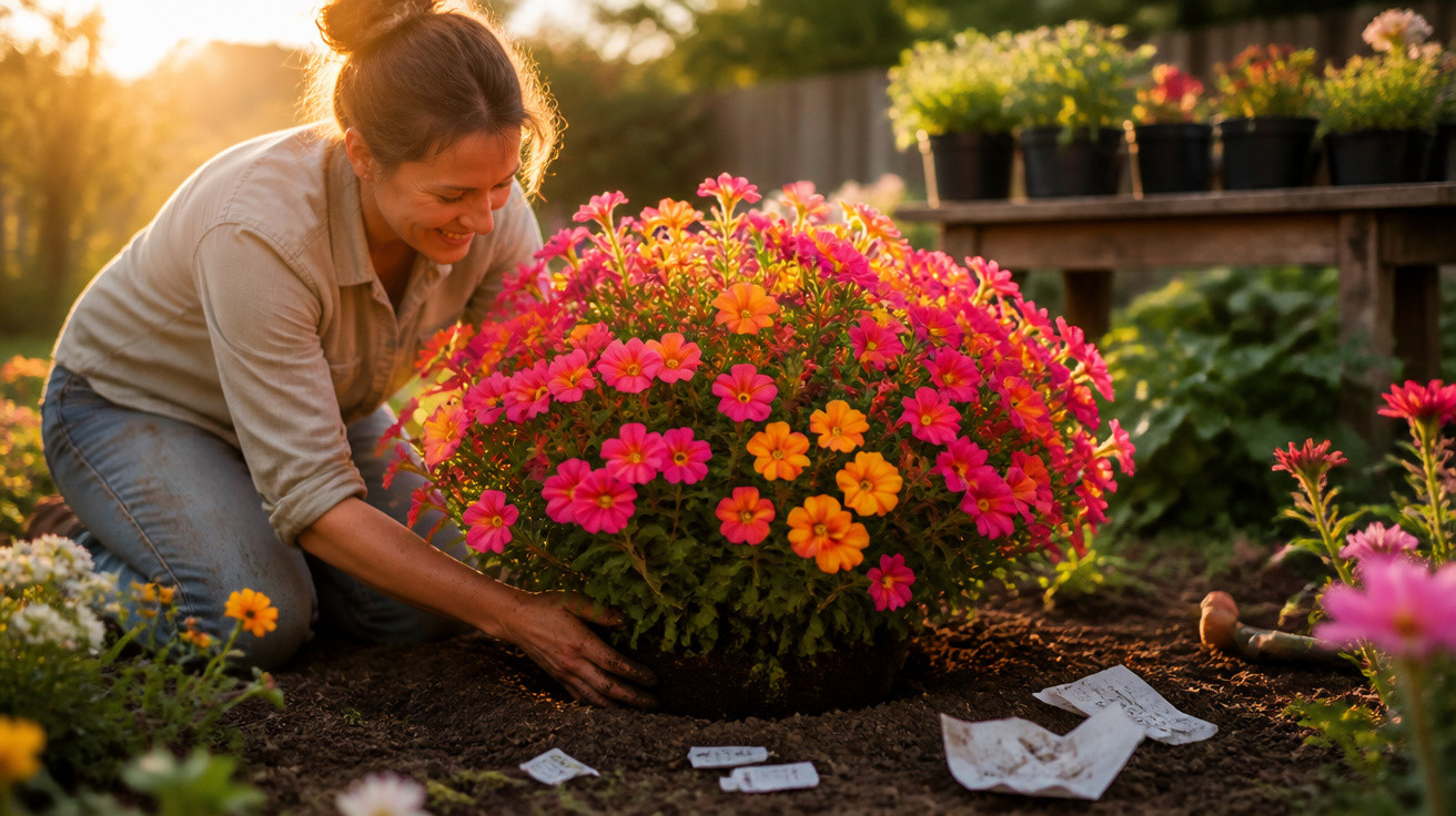 Mulher a colocar vaso com flores cor-de-rosa e laranja num jardim ao pôr do sol.