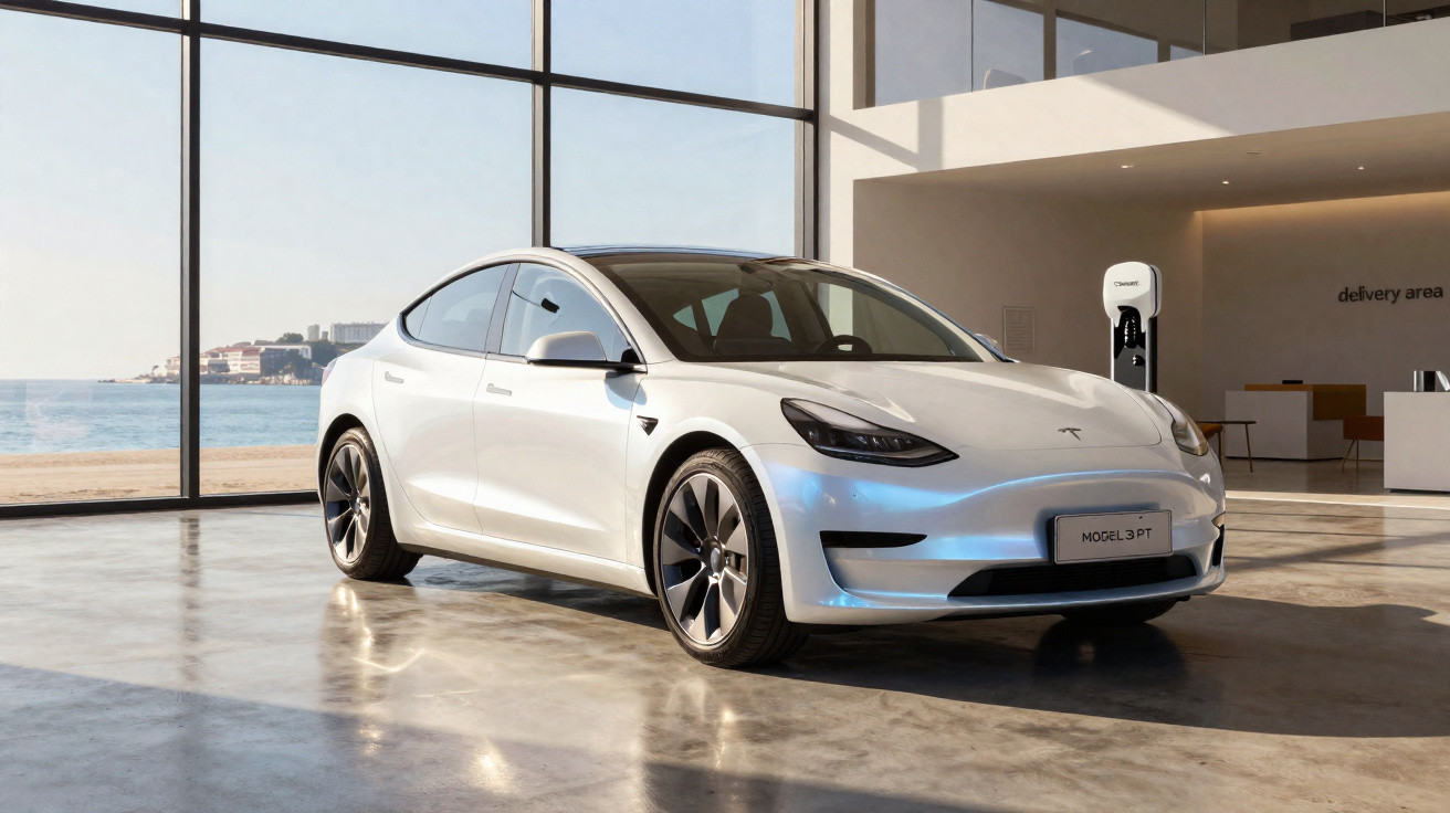 Carro elétrico Tesla Model 3 branco estacionado dentro de showroom moderno com grandes janelas e vista para o mar.