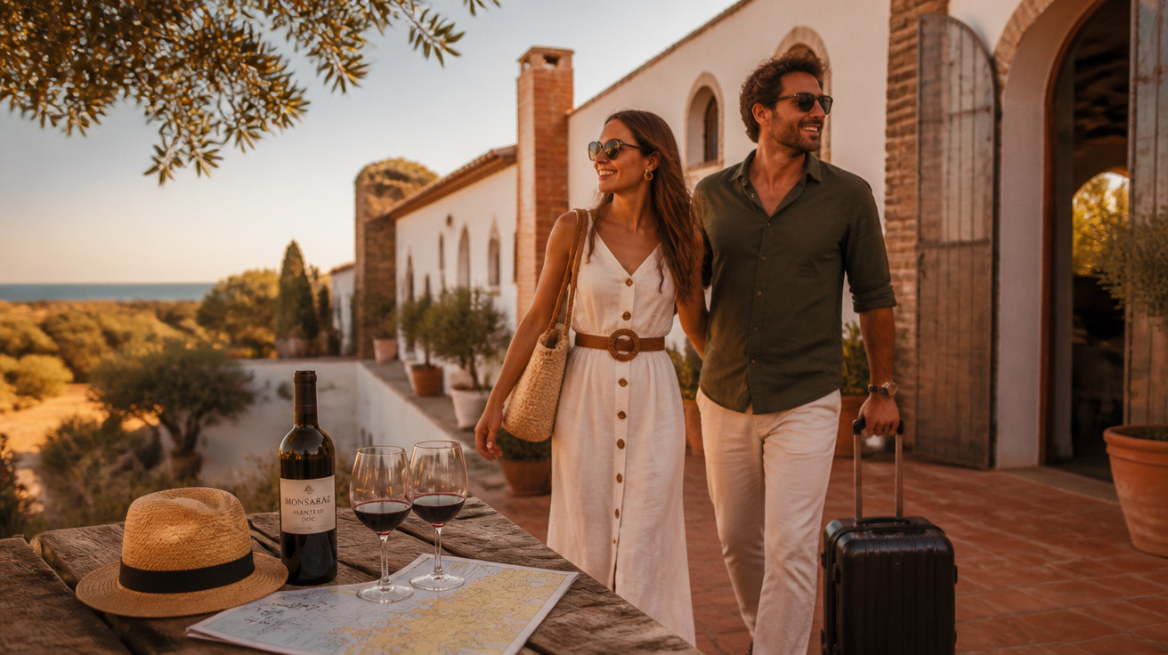 Casal de férias a caminhar junto a adega, mesa com vinho, copos, chapéu e mapa ao entardecer.