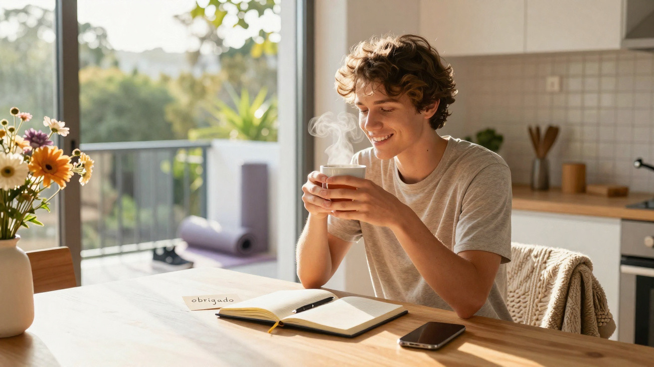 Jovem sentado a beber chá quente, sorrindo, com diário aberto num ambiente luminoso e acolhedor.